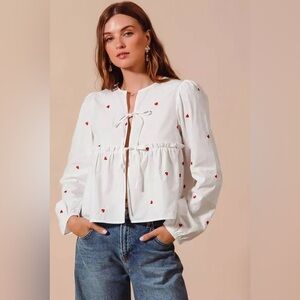 So Me Front Tie Heart Embroidered Blouse With Puff Sleeve-Small